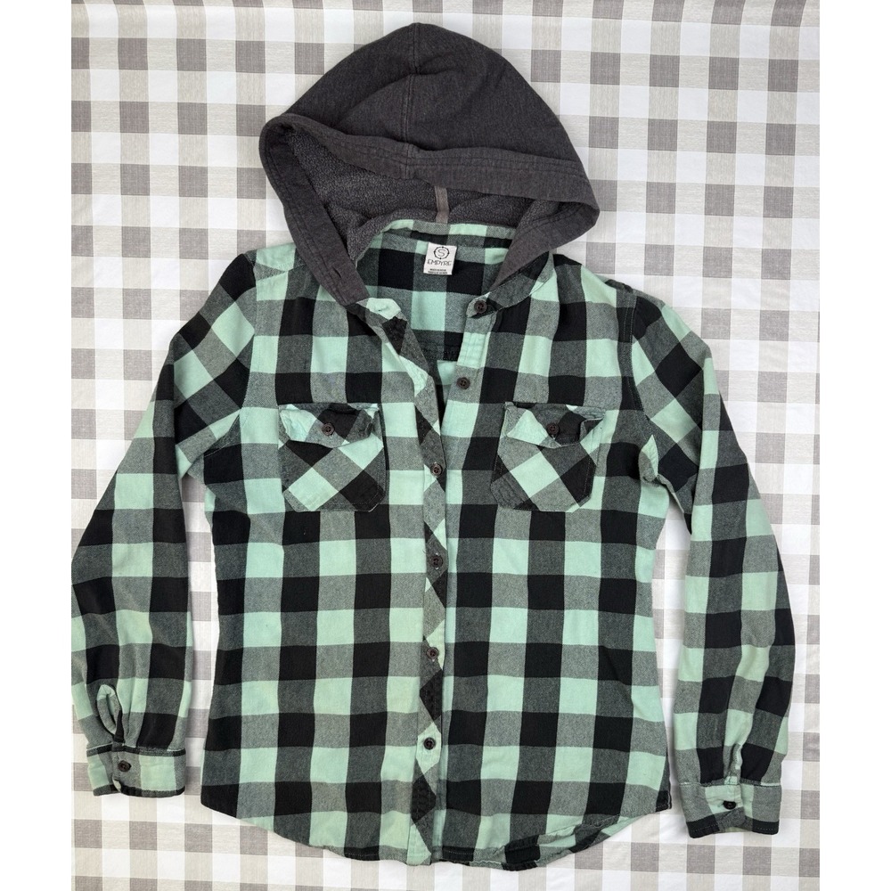 Mint Plaid Hooded Flannel Empyre Skate Streetwear Button Shirt Woman's Small Y2K